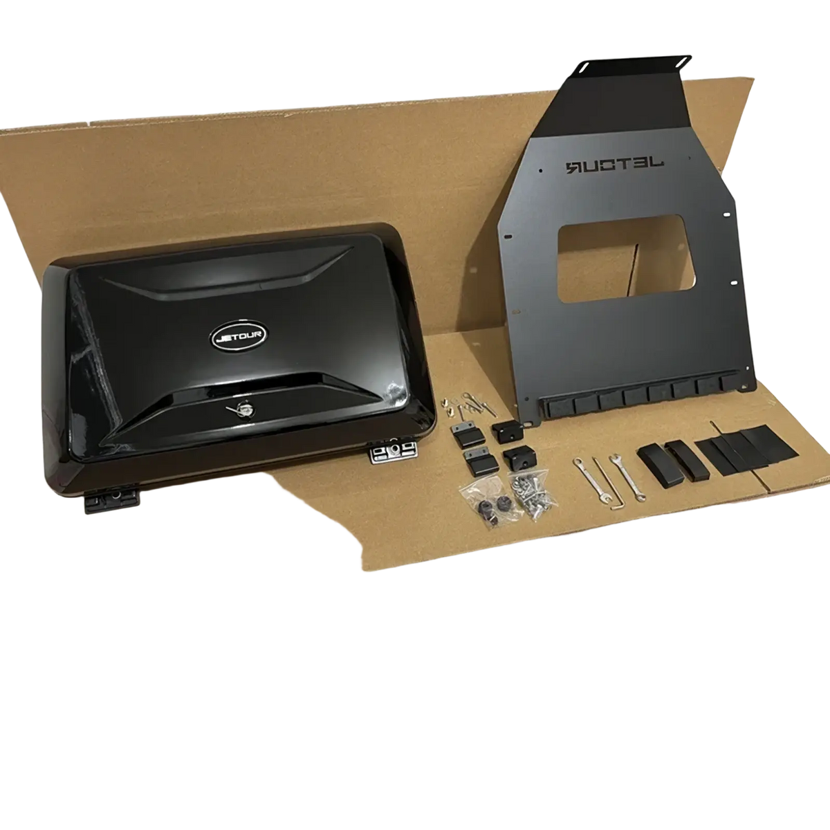 Black Jetour Traveller T2 roof box storage carrier with sleek molded plastic cover and metal mounting plate shown from back side