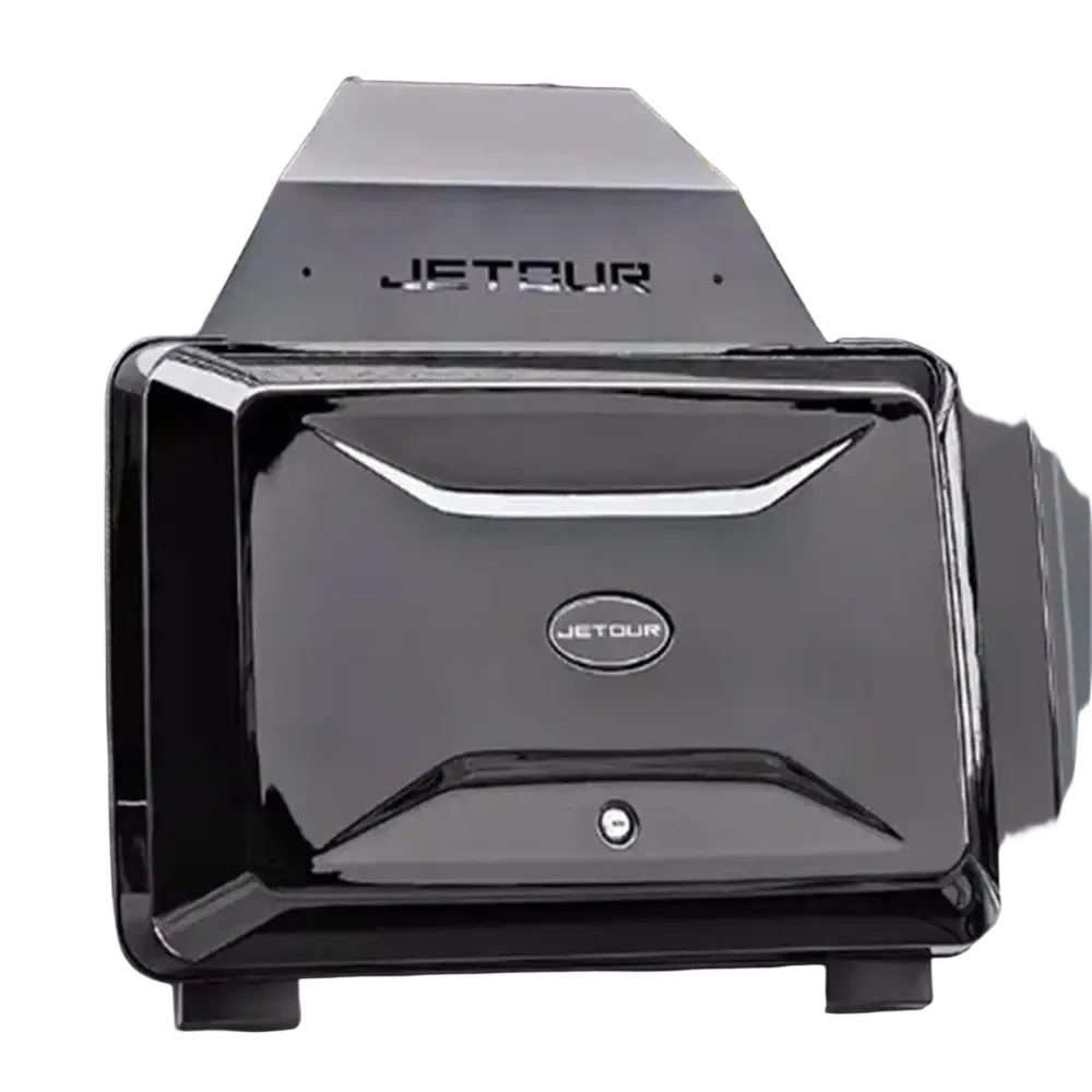 Black Jetour Traveller T2 roof box storage carrier with glossy finish and silver accent trim for roof rack storage