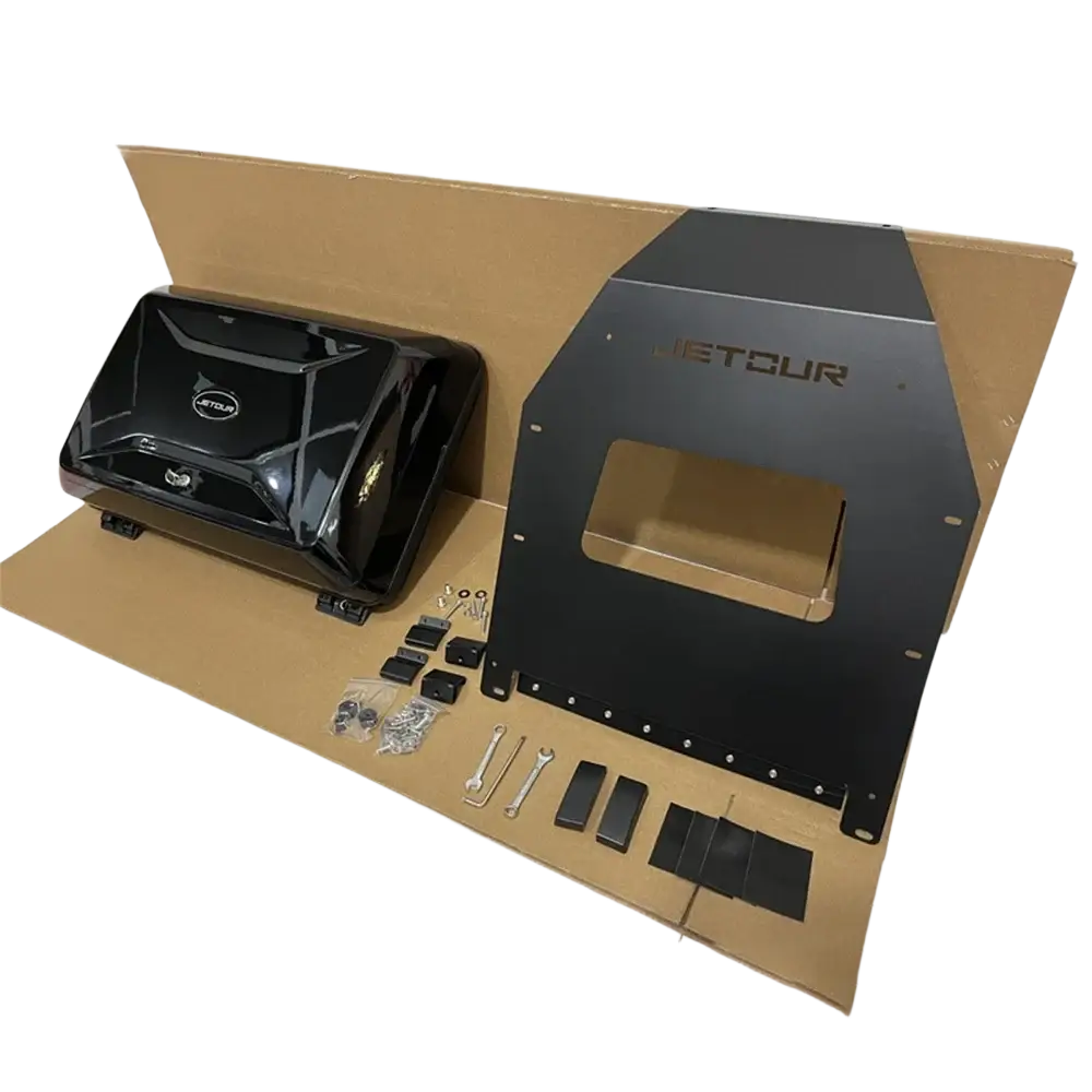 Black jetour traveller t2 roof box storage carrier showing glossy finish and matte metal panels on roof rack system back side