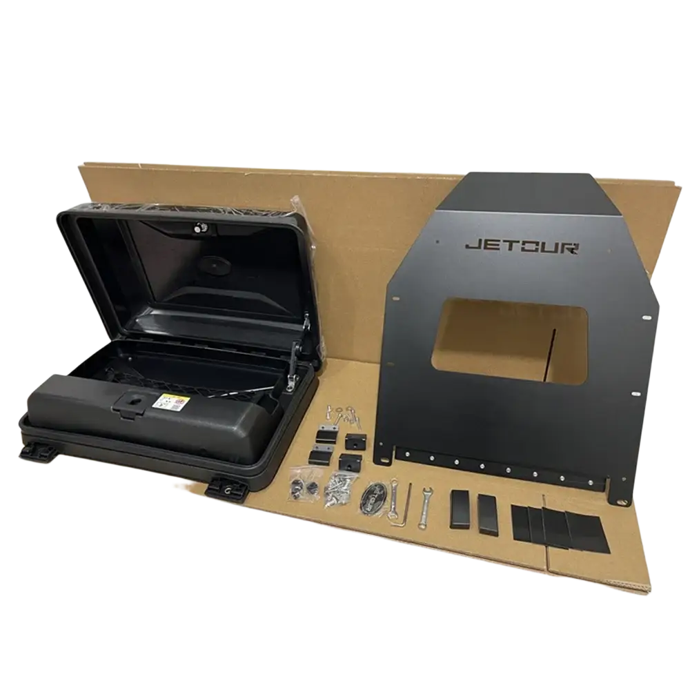 Black jetour traveller t2 roof box storage carrier with hard-shell compartment and mounting hardware system