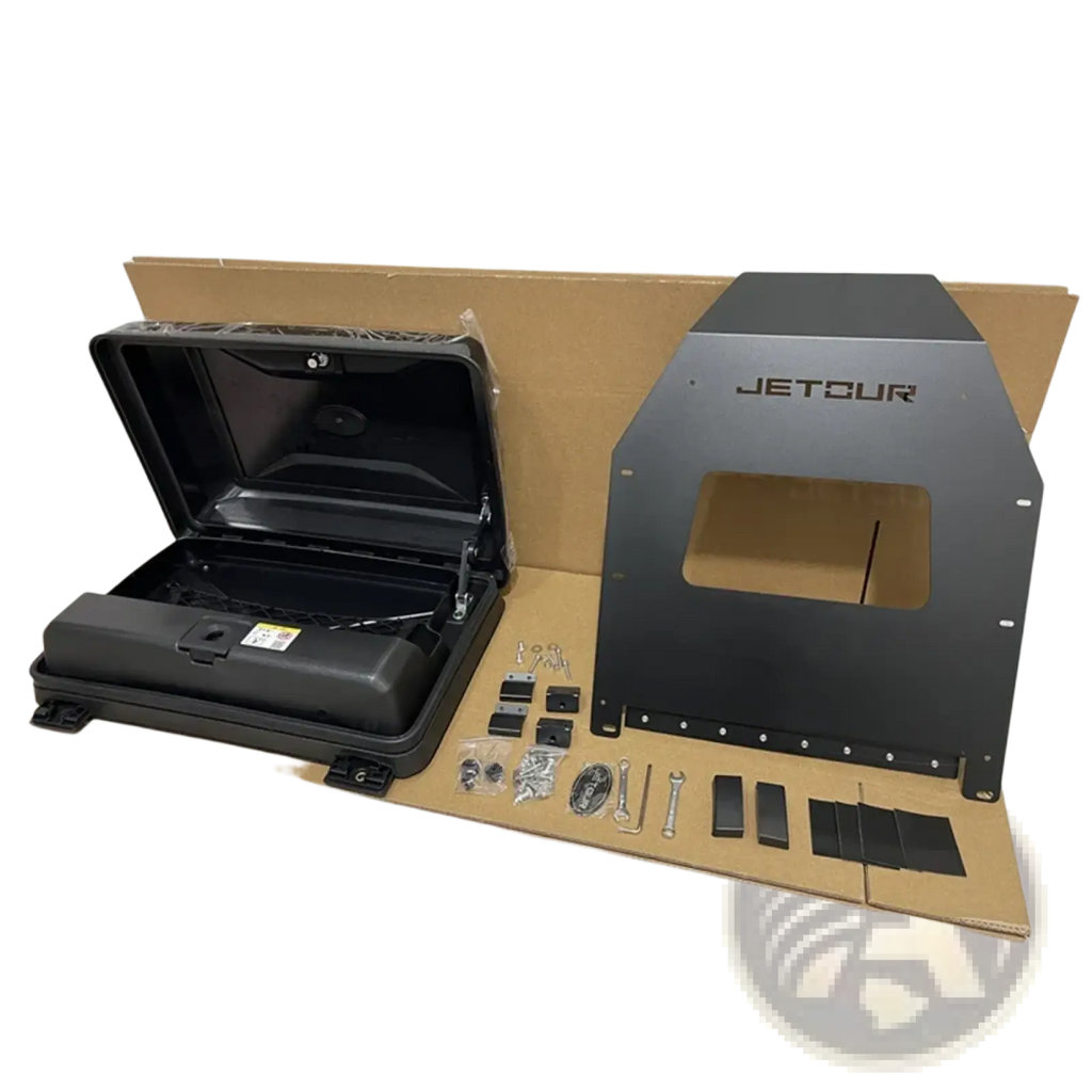 Black jetour traveller t2 roof box storage carrier with hard-shell compartment and mounting hardware system