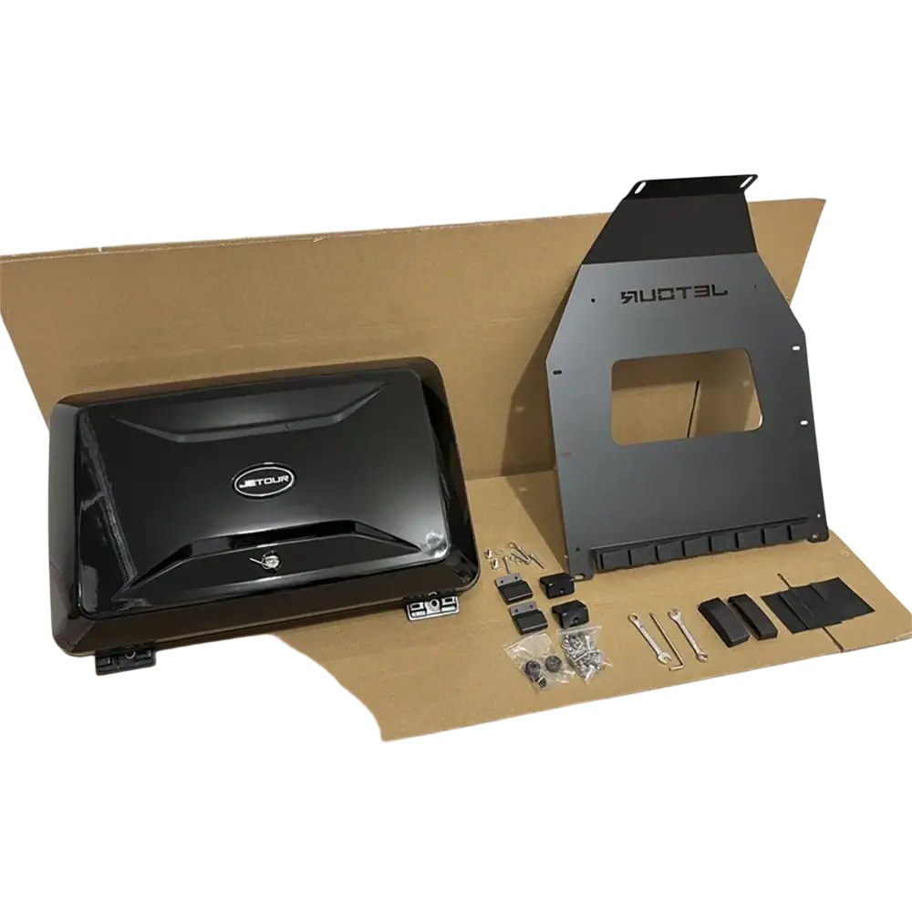 Jetour traveller t2 roof box storage carrier black roof rack system with sleek glossy finish and integrated mounting hardware