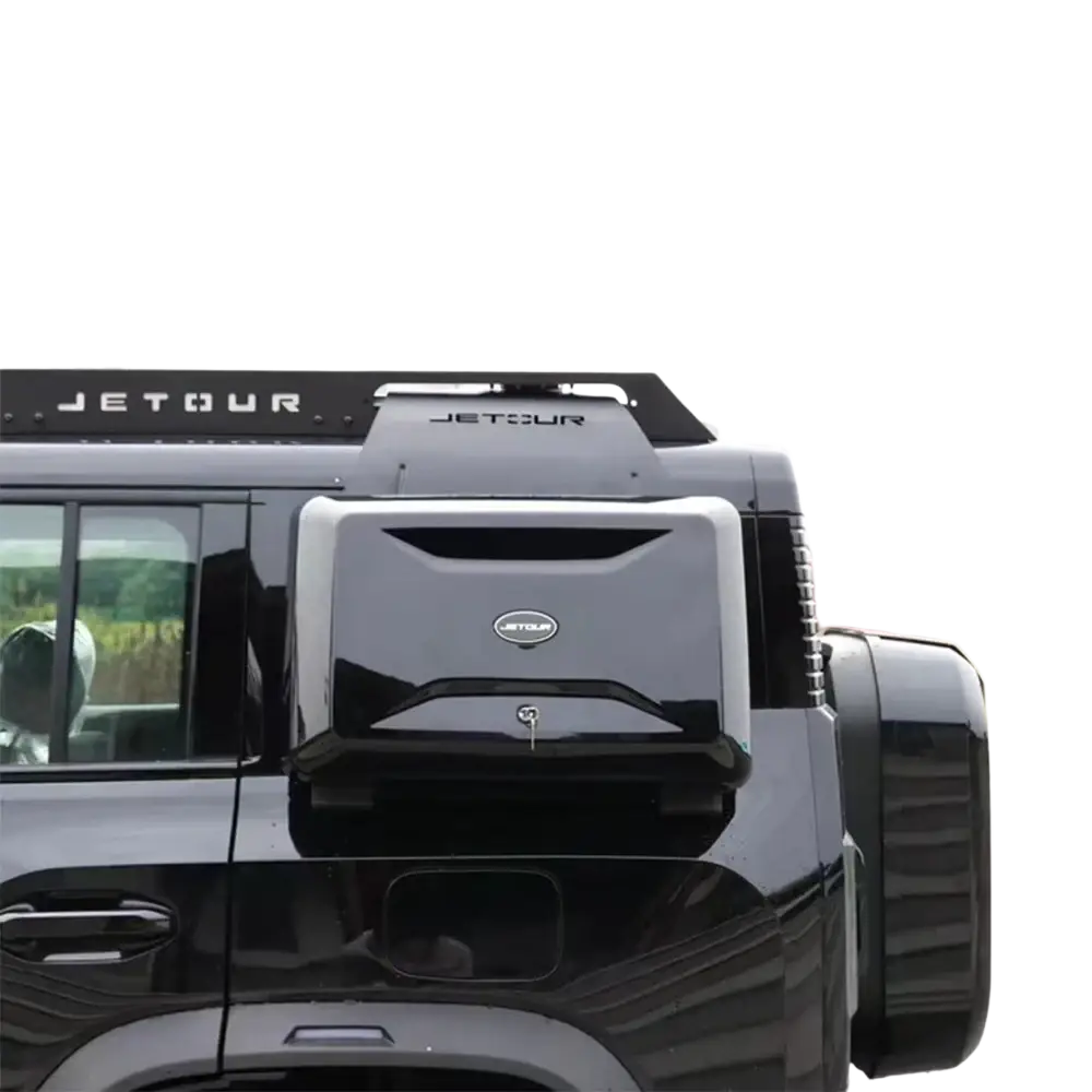 Black jetour traveller t2 roof box storage carrier with sleek modern design and integrated locking mechanism rear view