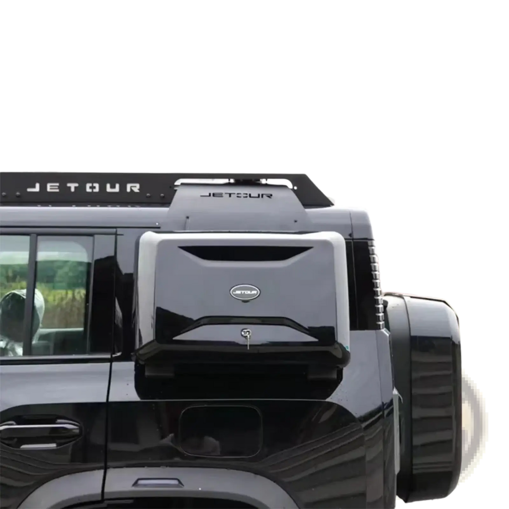 Black jetour traveller t2 roof box storage carrier with sleek modern design and integrated locking mechanism rear view