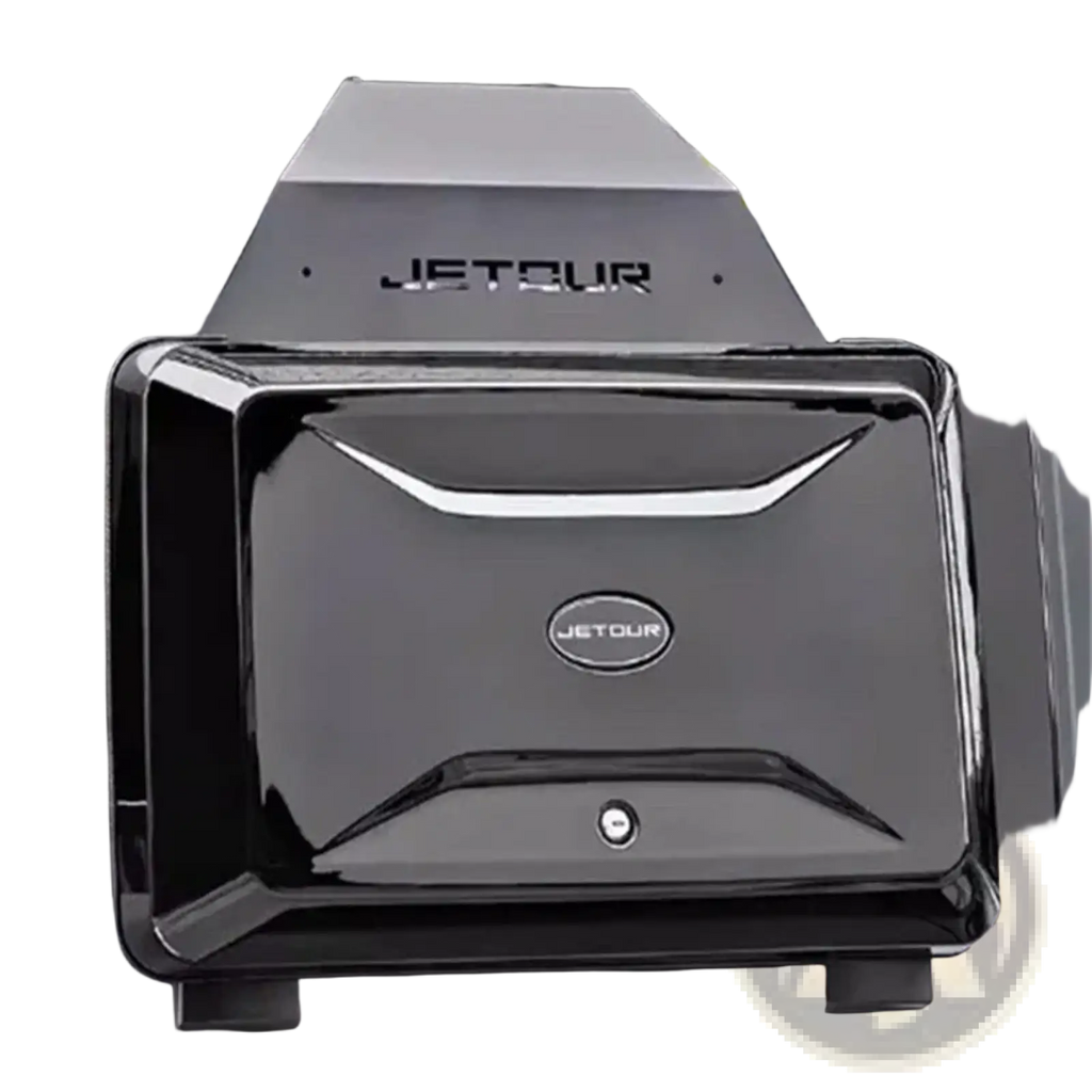 Black Jetour Traveller T2 roof box storage carrier with glossy finish and silver accent trim for roof rack storage