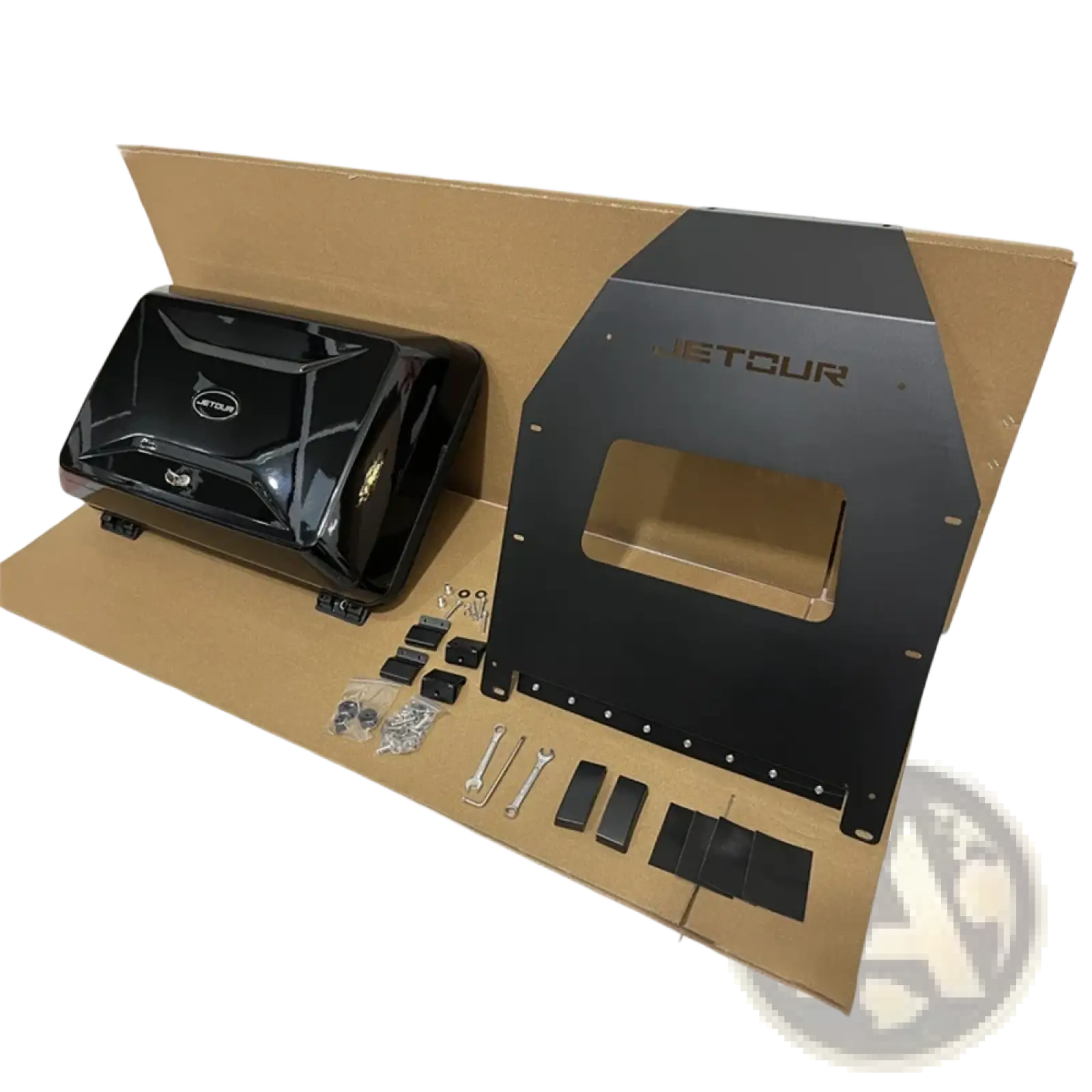 Black jetour traveller t2 roof box storage carrier showing glossy finish and matte metal panels on roof rack system back side