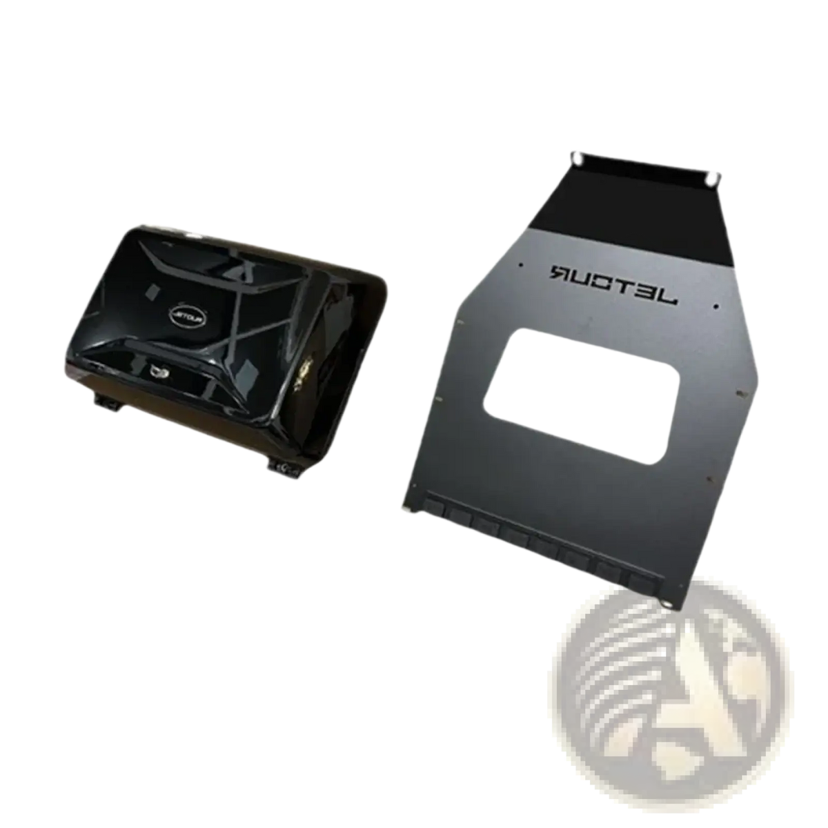 Black and silver metal undercarriage protection plate with lucid branding for Jetour Traveller T2 roof box storage carrier