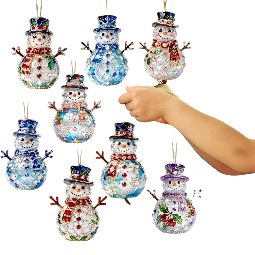 Jeweled snowman Christmas ornaments wooden holiday decor with intricate blue and white mosaic designs and jeweled scarves