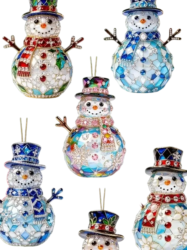 Jeweled snowman christmas ornaments wooden holiday decor with sparkling gemstones and mosaic patterns in festive colors