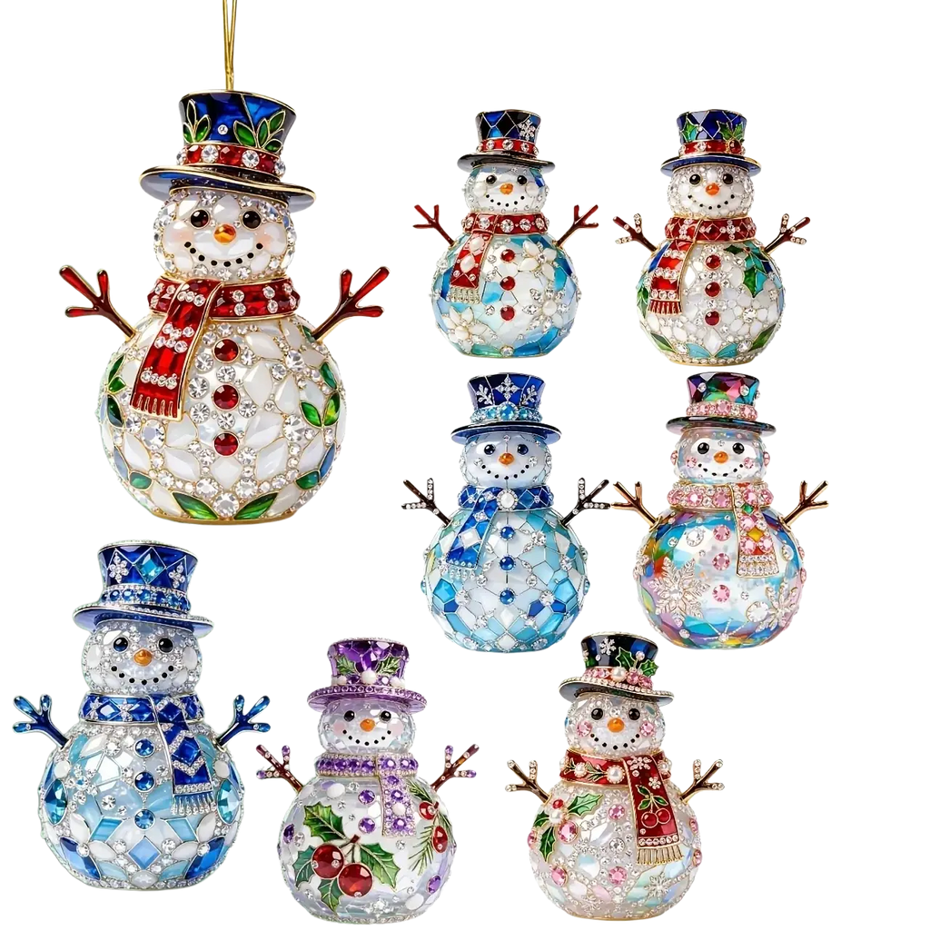 Jeweled snowman christmas ornaments wooden holiday decor featuring crystal embellishments scarves and colorful top hats