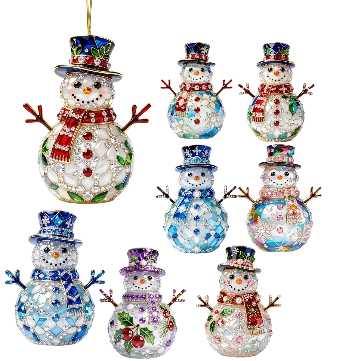 Jeweled snowman christmas ornaments wooden holiday decor featuring crystal embellishments scarves and colorful top hats