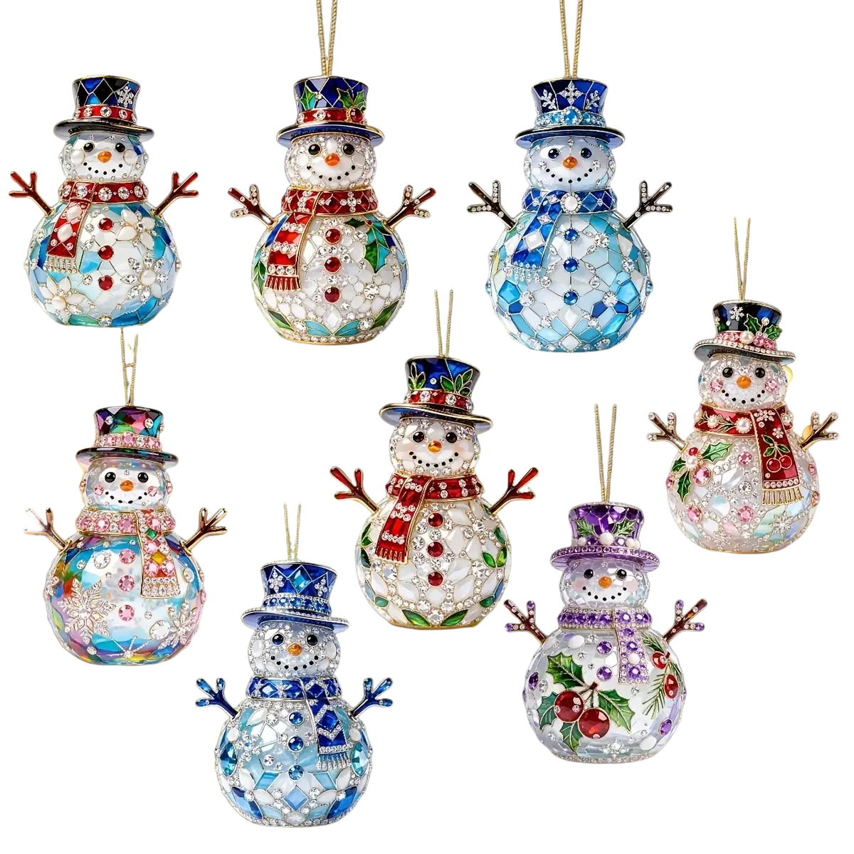 Jeweled snowman christmas ornaments made of wood with blue and white crystals and festive holiday hats