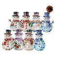Eight colorful jeweled wooden snowman Christmas ornaments with assorted patterns for holiday decoration