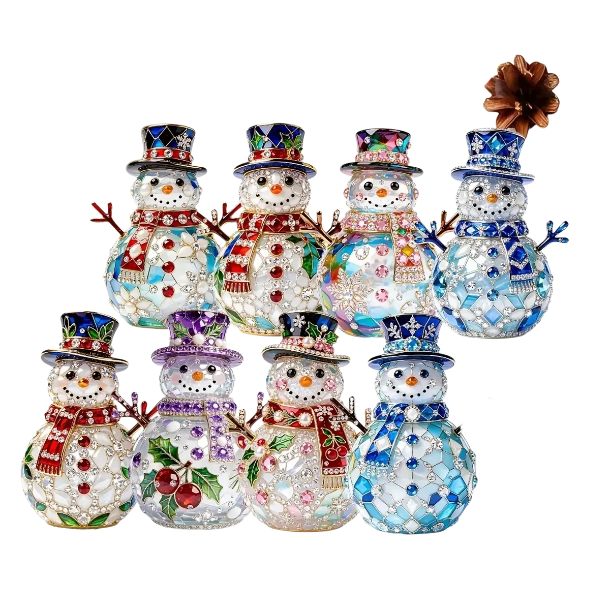 Eight colorful jeweled wooden snowman Christmas ornaments with assorted patterns for holiday decoration
