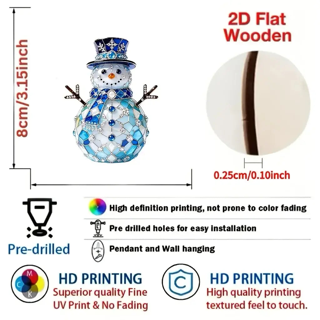 Jeweled snowman wooden Christmas ornament in blue and white with patterned top hat and diamond embellishments