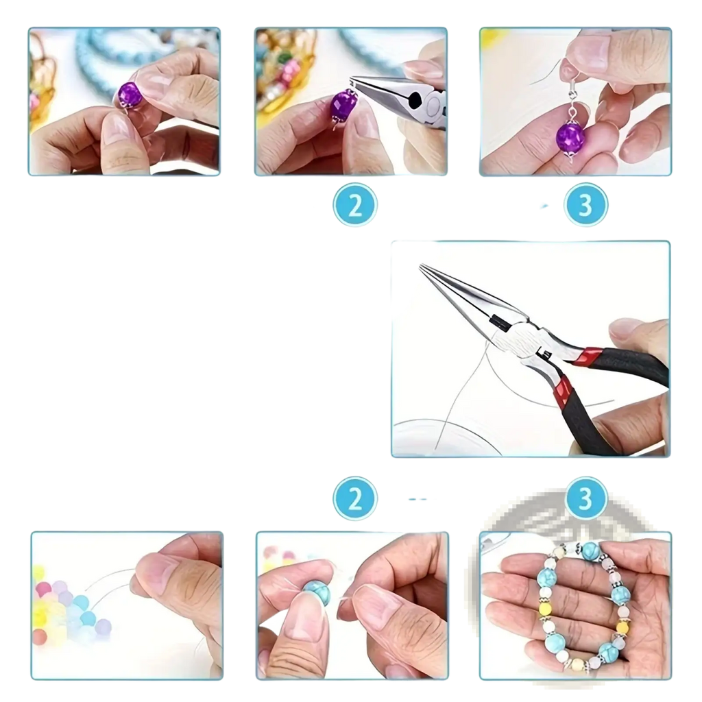 Purple faceted bead being shaped and attached to a silver earring hook with pliers in jewelry making tool set beginner craft kit