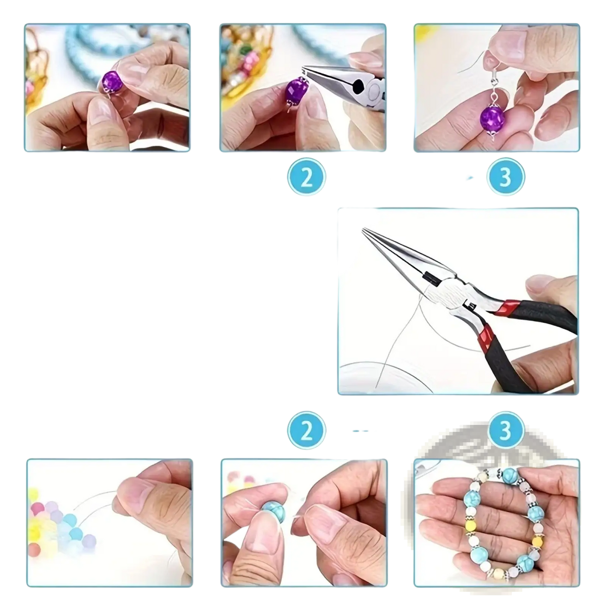 Purple faceted bead being shaped and attached to a silver earring hook with pliers in jewelry making tool set beginner craft kit