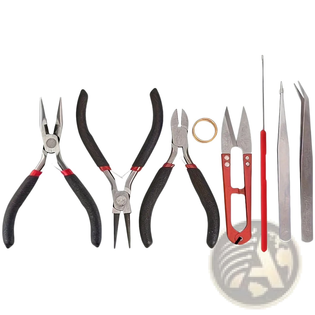 Red-handled jeweler’s shears with silver blades and circular cutout for precise cutting in jewelry making tool set beginner kit