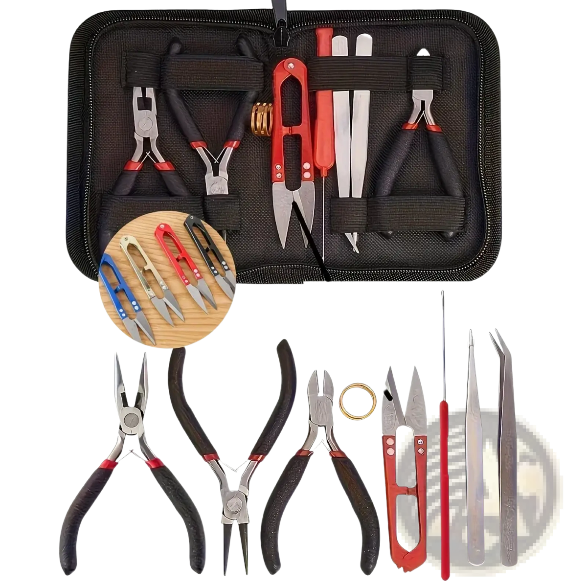 Black and red jeweler’s tool kit with precision pliers cutters tweezers and gold ring for jewelry making beginner craft kit