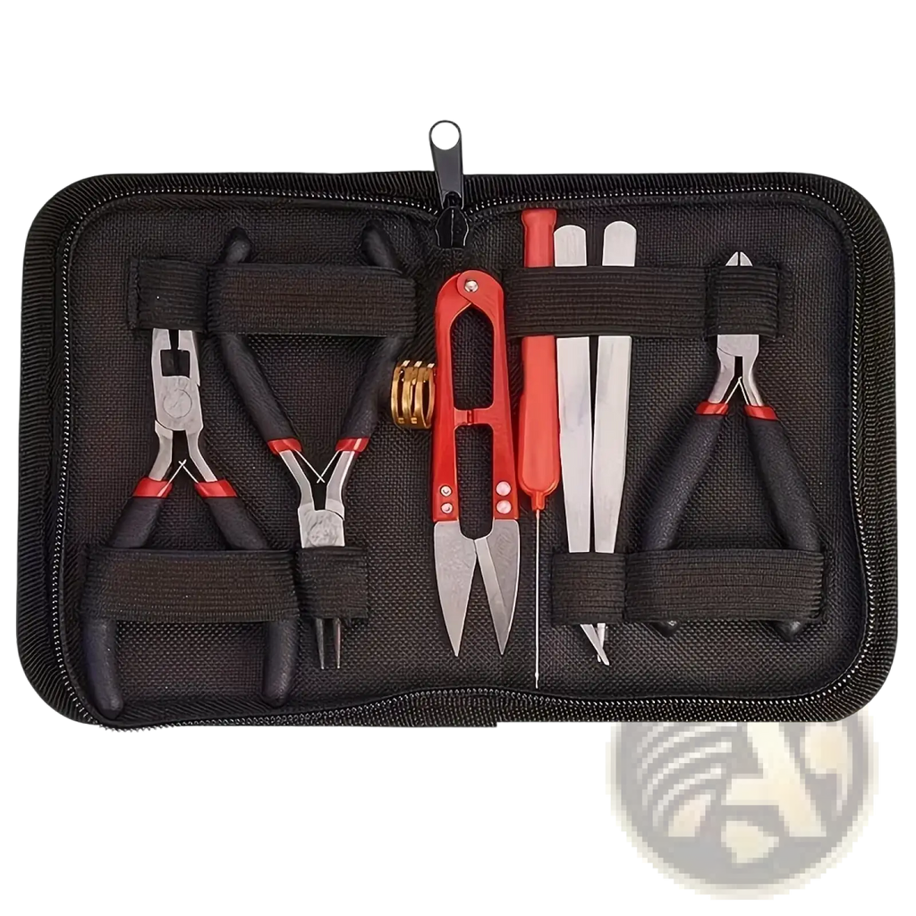 Jewelry making tool set beginner craft kit with red and silver tools in a black zippered carrying case
