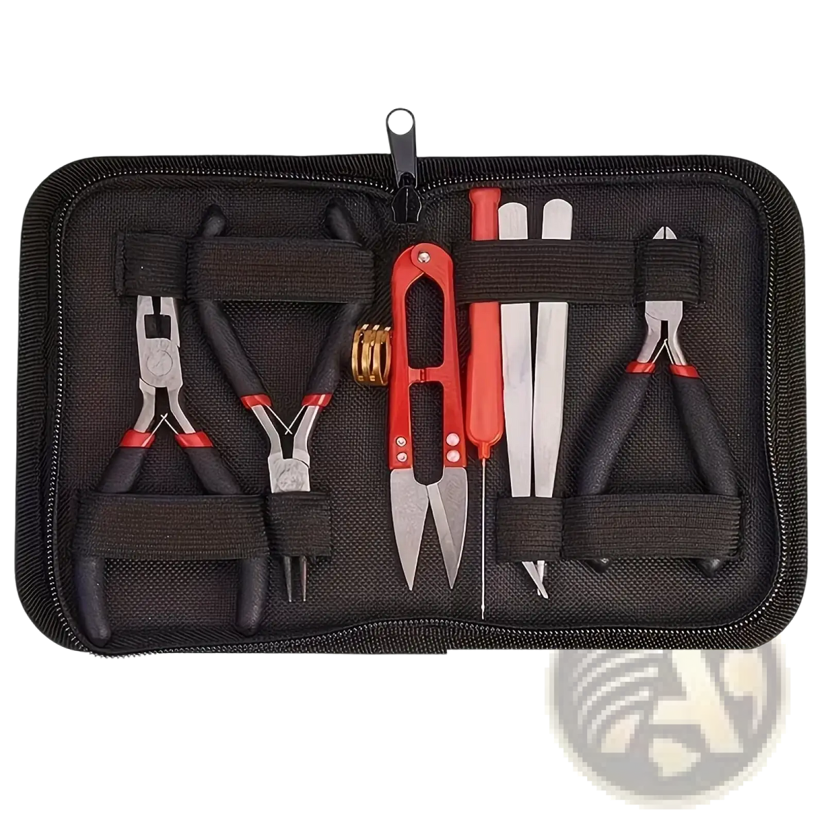 Jewelry making tool set beginner craft kit with red and silver tools in a black zippered carrying case