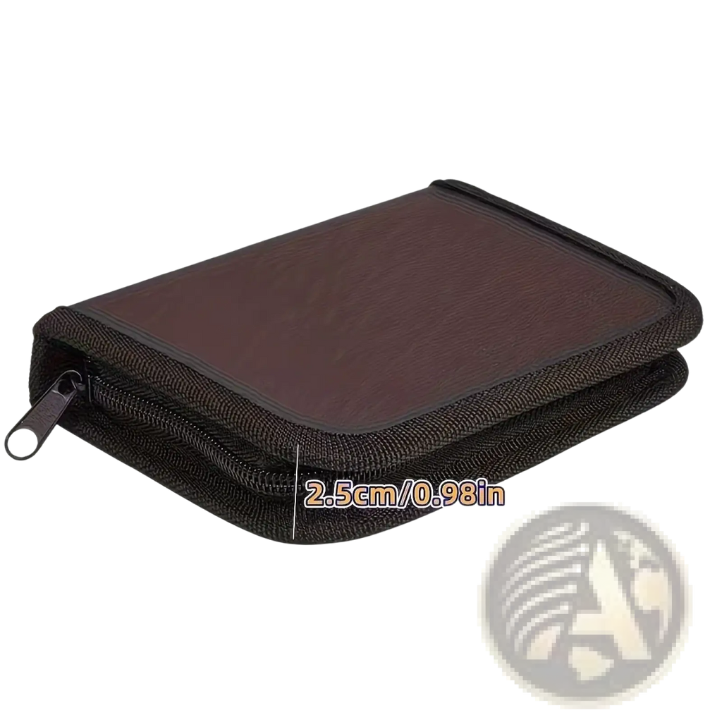 Black zippered organizer with textured fabric exterior and smooth dark brown interior lining for jewelry making tool set beginner craft kit