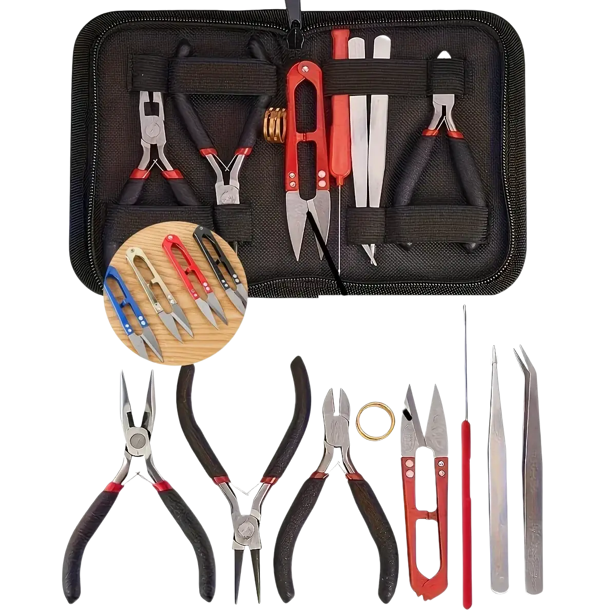 Black and red jeweler’s tool kit with precision pliers cutters tweezers and gold ring for jewelry making beginner craft kit