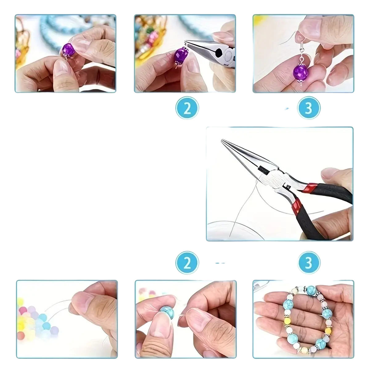 Purple faceted bead being shaped and attached to a silver earring hook with pliers in jewelry making tool set beginner craft kit