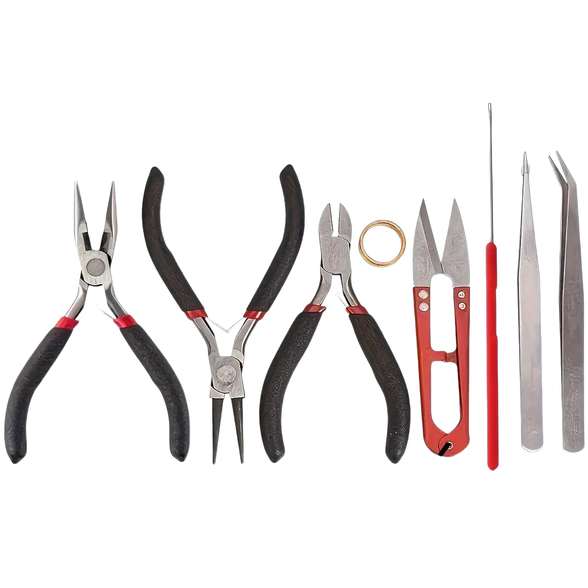 Red-handled jeweler’s shears with silver blades and circular cutout for precise cutting in jewelry making tool set beginner kit