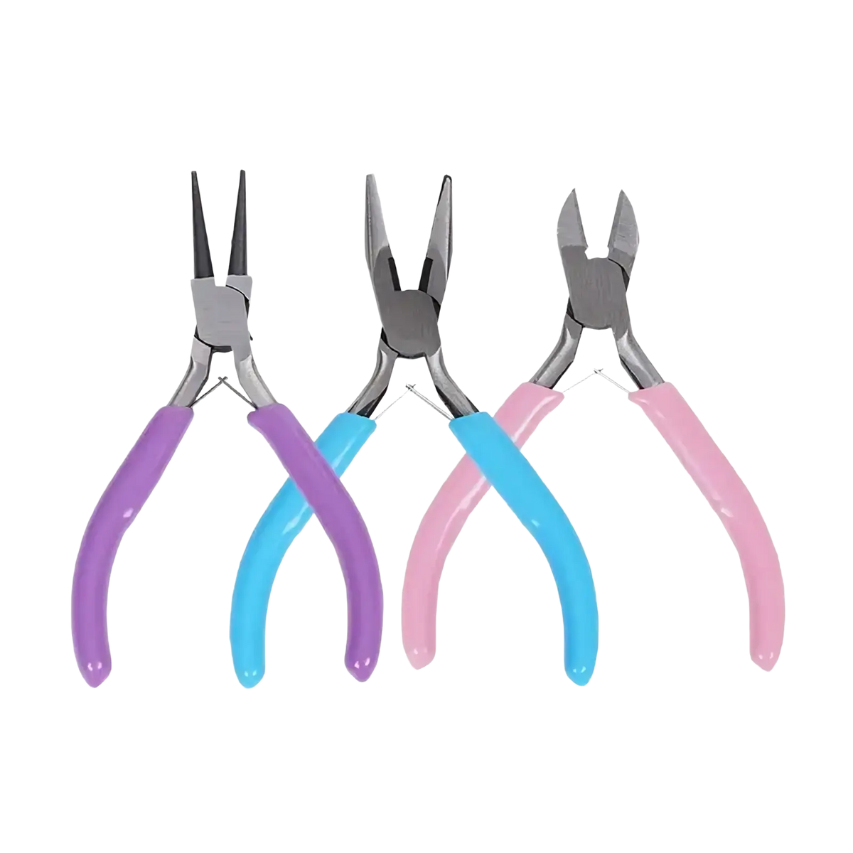 Set of three colorful jeweler’s pliers with purple, blue, and pink ergonomic handles for crafting and repair