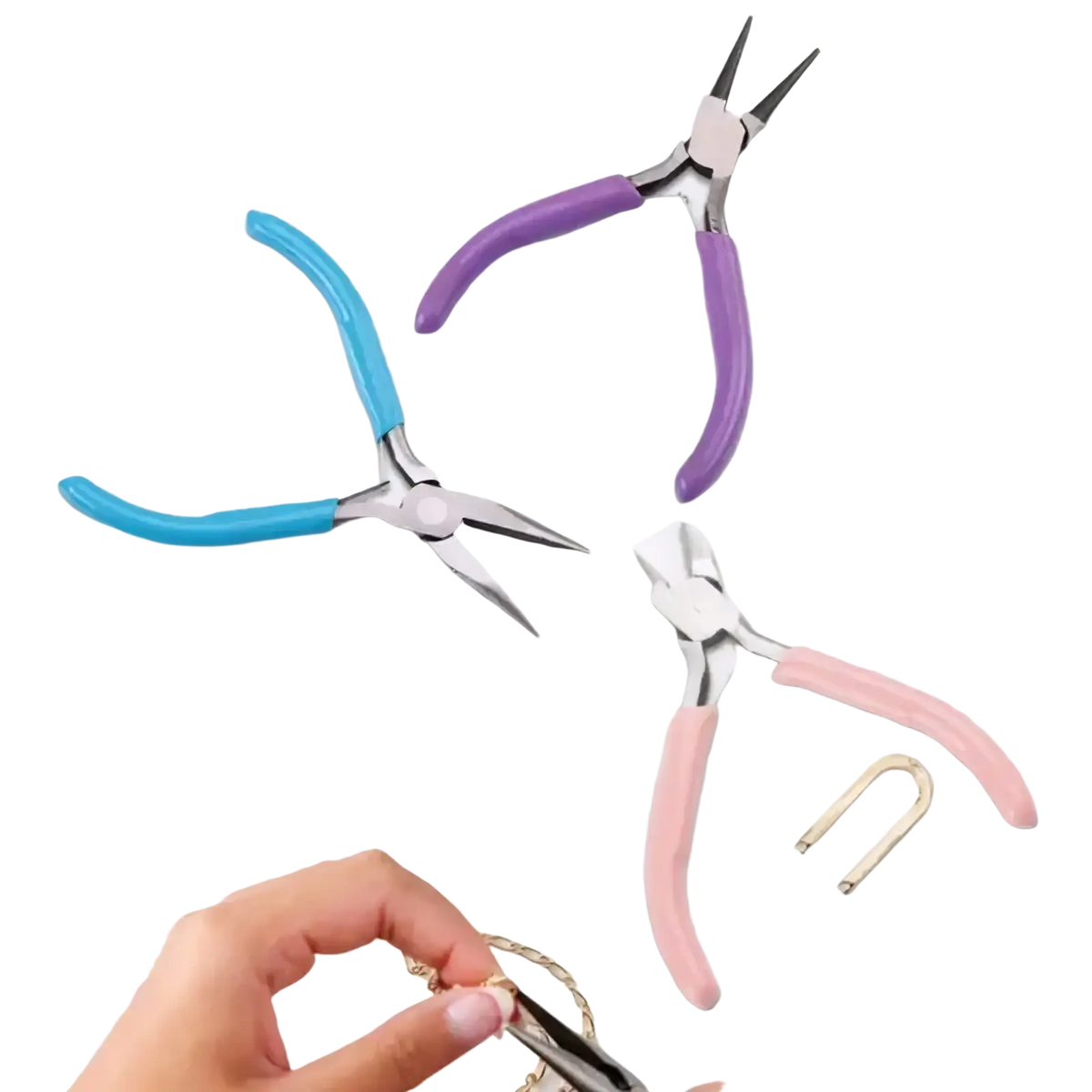 Set of three colorful jeweler’s pliers with ergonomic blue, purple, and pink handles for crafting and repair