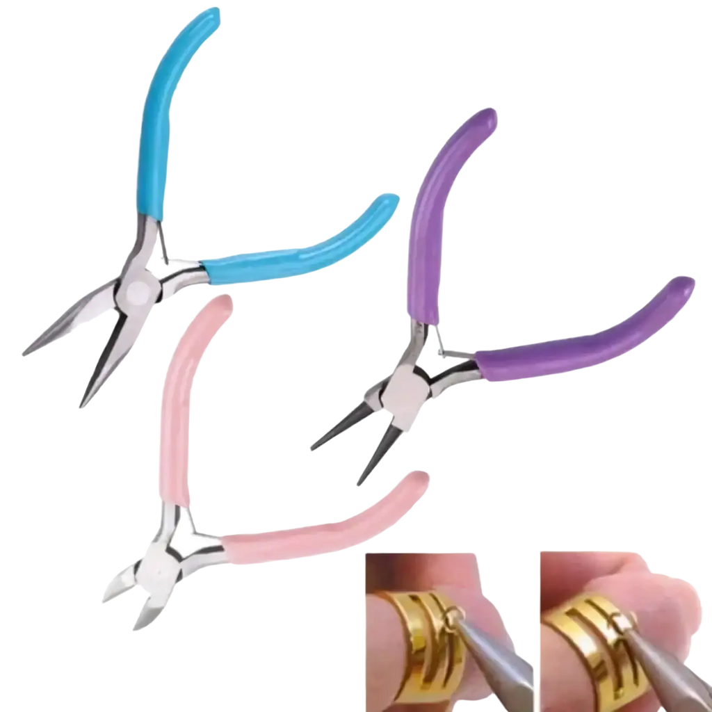 Jewelry pliers tool set with blue purple and pink ergonomic handles and metallic jaws for crafting and repair