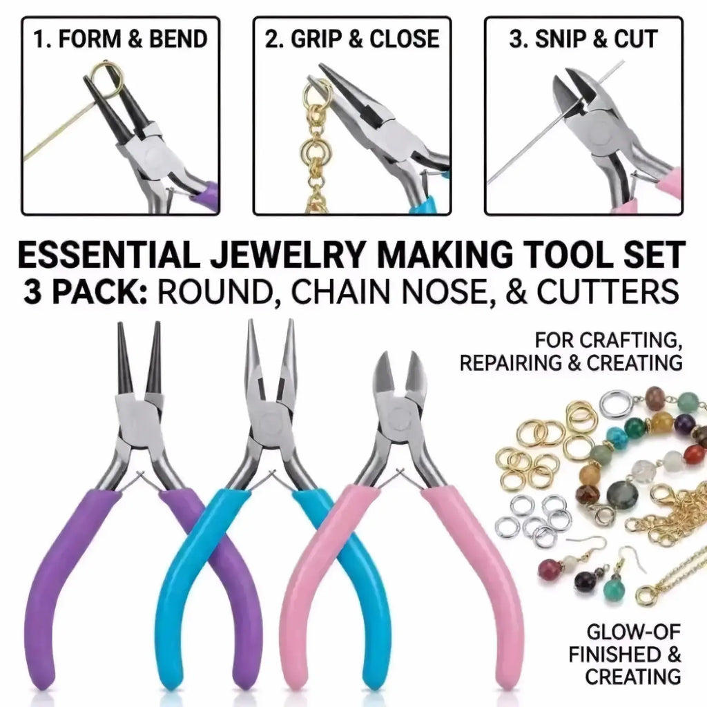 Jewelry pliers tool set with three colorful handles in purple blue and pink for crafting and repair