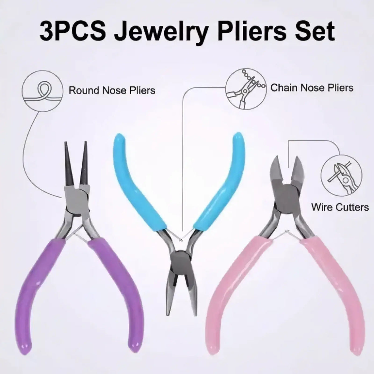 Set of three jewelry pliers with purple blue and pink handles and metallic tips for crafting and repair
