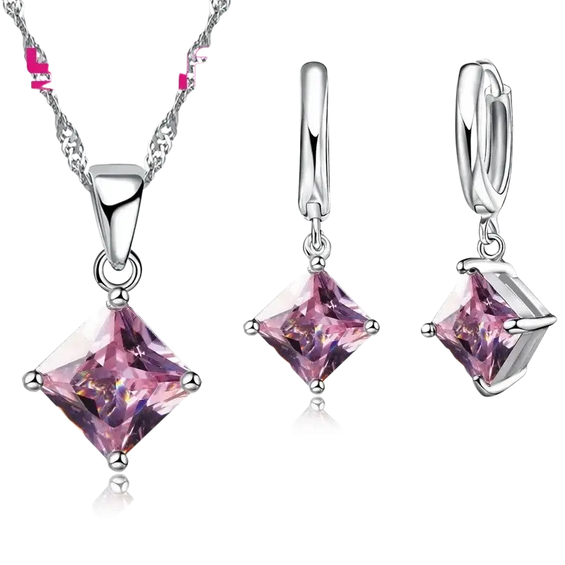 Delicate sterling silver jewelry sets featuring square-cut pink crystal necklace and matching hoop earrings for weddings