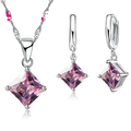 Delicate sterling silver jewelry sets featuring square-cut pink crystal necklace and matching hoop earrings for weddings