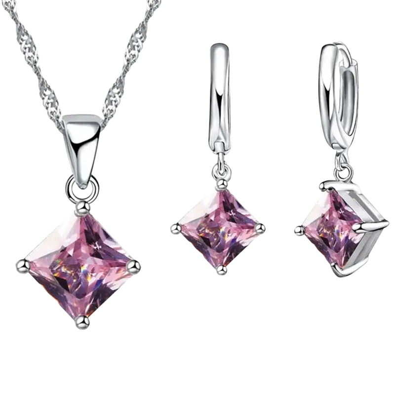 Sterling silver jewelry sets featuring a sparkling pink square-cut crystal pendant necklace and matching hoop earrings