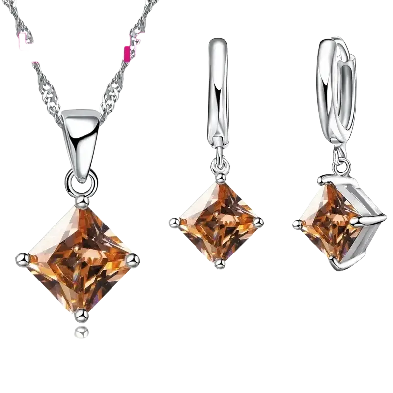Silver-toned jewelry sets featuring square-cut amber stones in sterling silver for elegant wedding wear