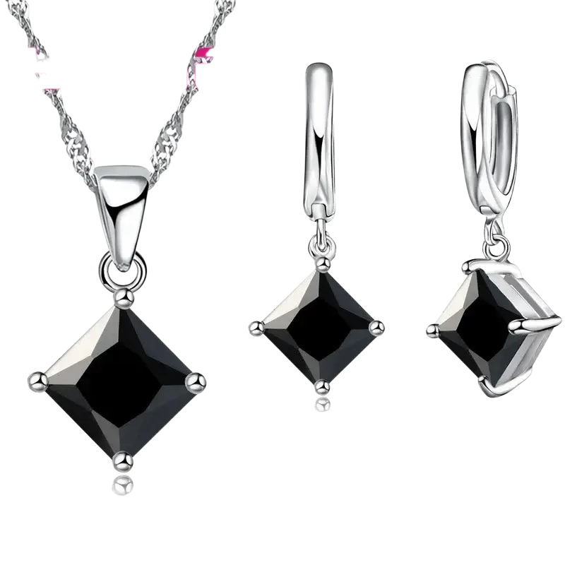 Yameli silver-toned jewelry sets featuring sterling silver necklace and earrings with square black gemstones