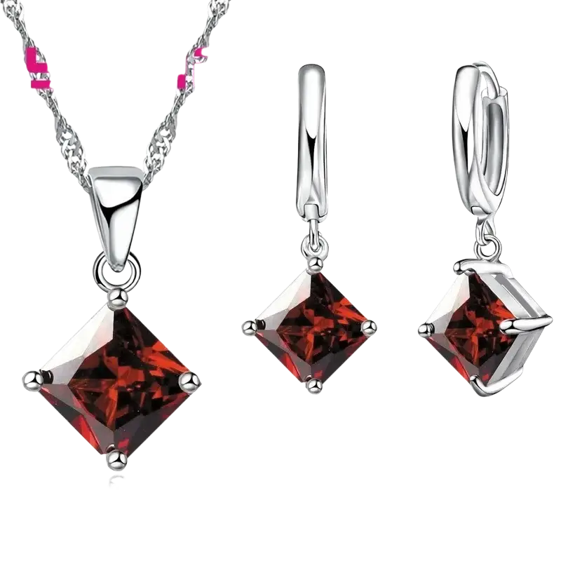 Yameli jewelry sets sterling silver featuring a silver-toned necklace with square-cut garnet pendant and matching hoop earrings