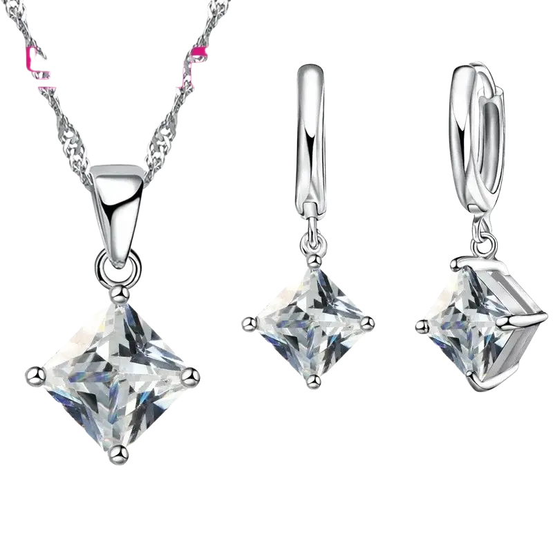 Yameli silver-toned sterling jewelry sets featuring square-cut clear crystal pendant necklace and matching huggie earrings