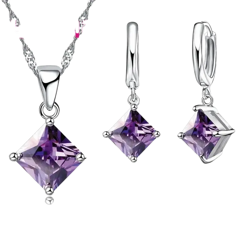 Yameli silver jewelry sets with square-cut purple gemstones in sterling silver for crystal wedding accessories