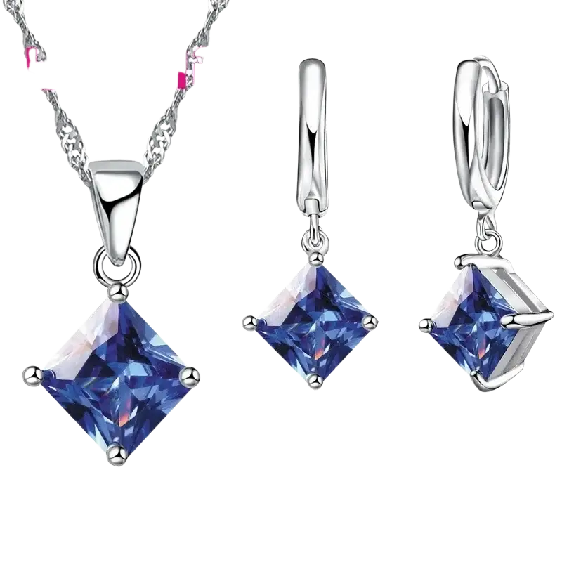 Yammeli silver-toned jewelry sets with square-cut deep blue gemstones in necklace and matching hoop earrings