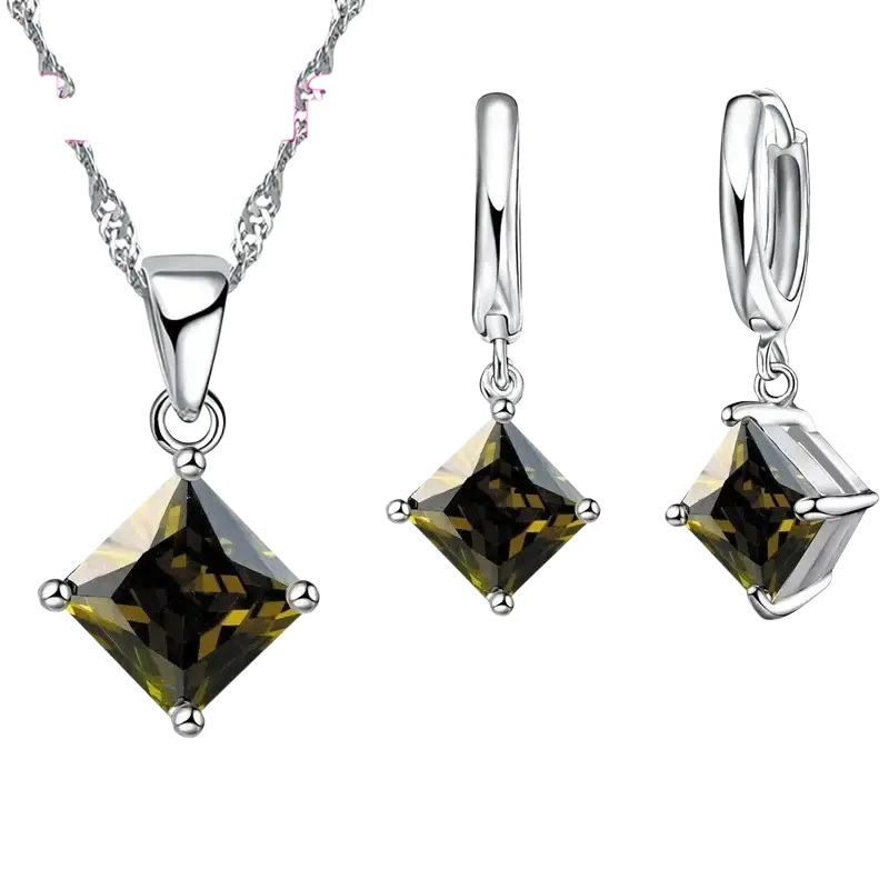 Yammeli jewelry sets sterling silver necklace and hoop earrings with square-cut dark green gemstones for weddings