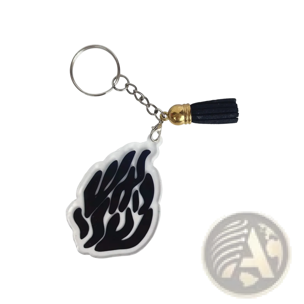 Clear acrylic Jewish blessing card keychain with black stylized flame, gold-toned bead, and black tassel party favor pack