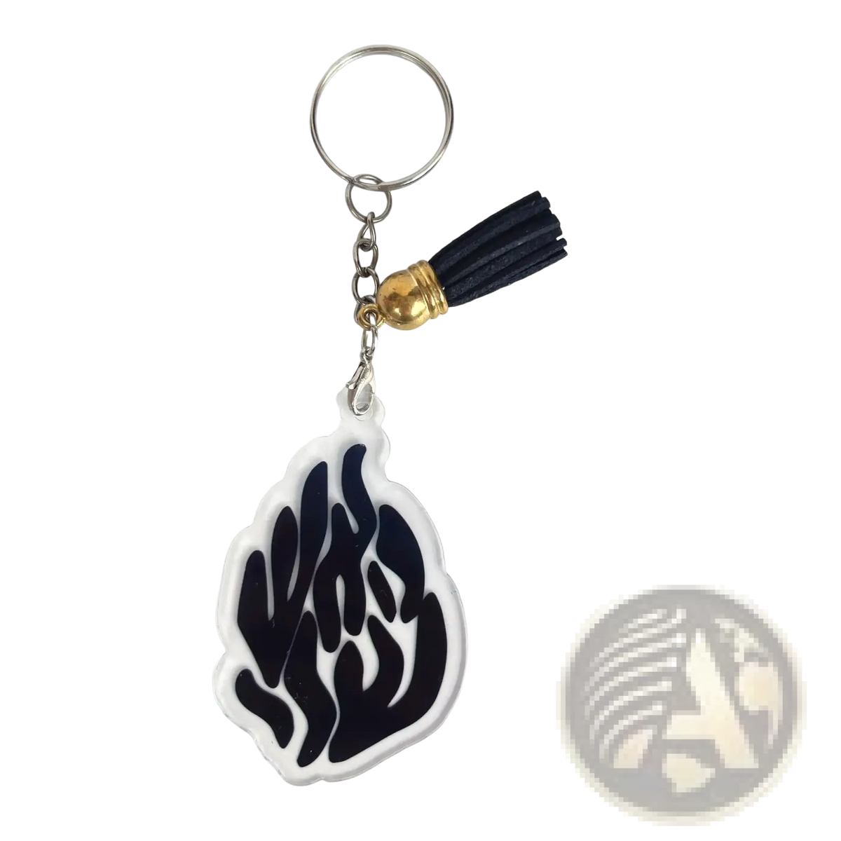 Clear acrylic Jewish blessing card keychain with black flame design, silver ring, gold bead, and black tassel party favor
