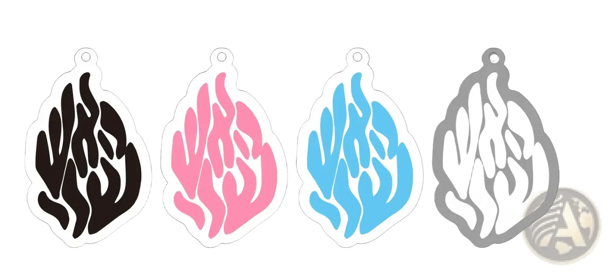 Four flame-shaped glossy acrylic keychains in black pink blue and gray for jewish blessing card party favors