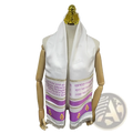 Jewish prayer shawl tallit scarf white with purple gold stripes embroidered hebrew text and decorative motifs