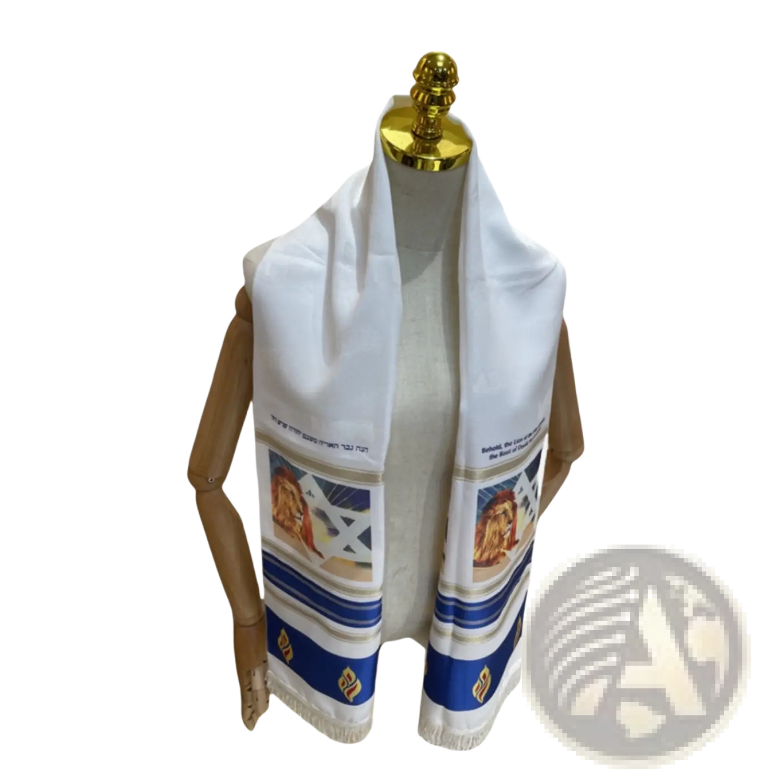 White Jewish prayer shawl tallit scarf with blue and gold accents featuring embroidered lion and Hebrew text