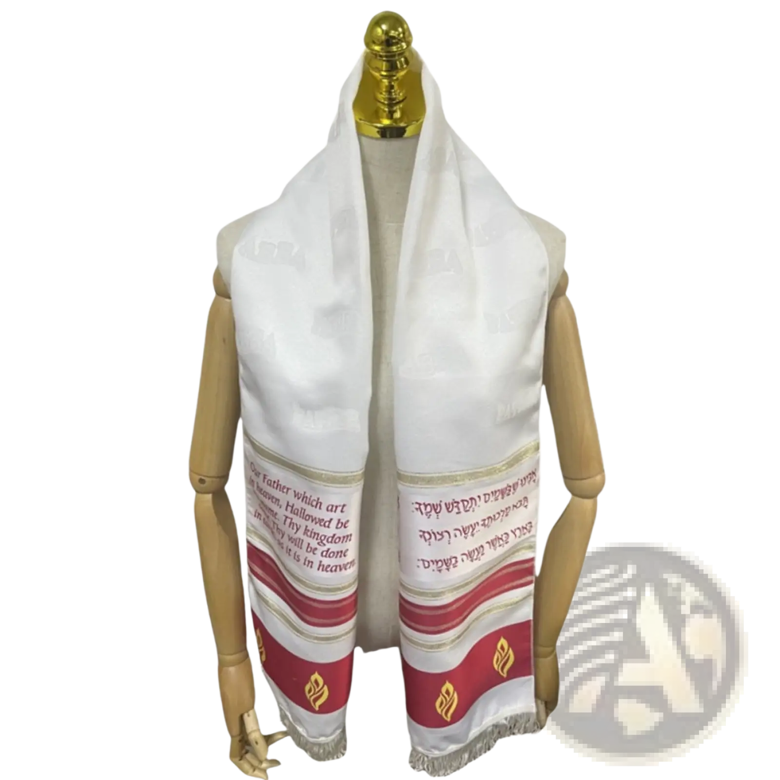 White jewish prayer shawl tallit scarf with red and gold stripes embroidered hebrew text for religious use